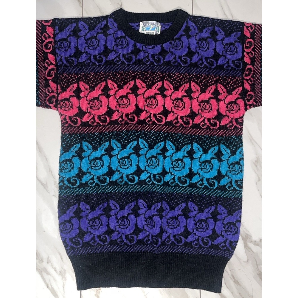 Vintage Rainbow Rose Knit Sweater Women M 3/4 Sleeve Colorblock Floral Y2K - Picture 7 of 11
